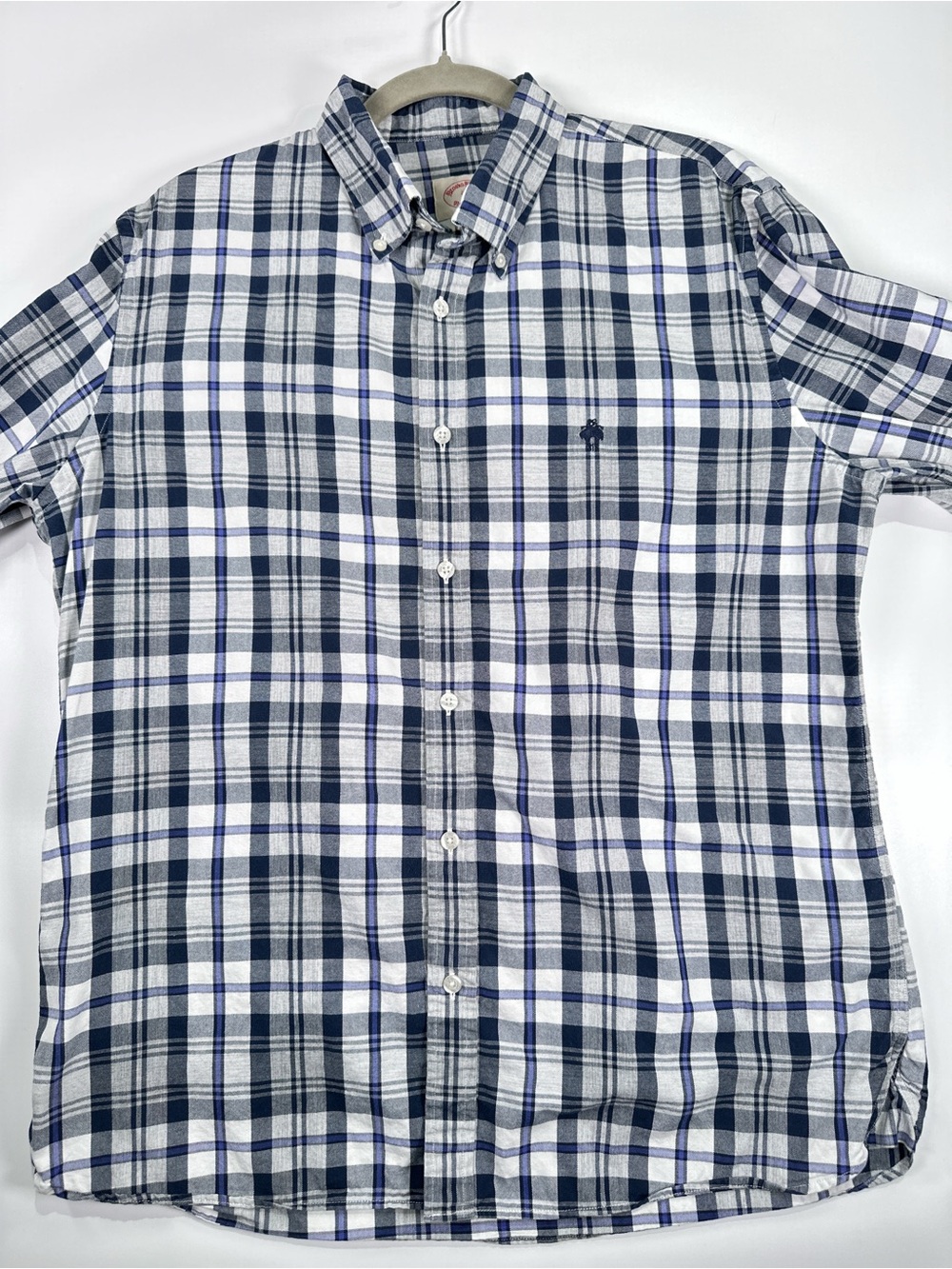 Brooks Brothers Red Fleece Plaid Button Down Shirt Cotton Navy Light Blue L - Picture 3 of 10